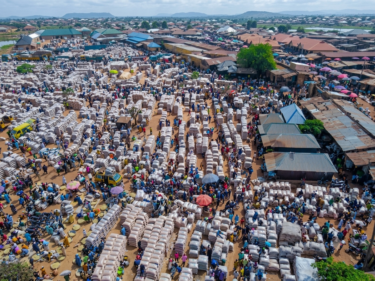 Drone perspective of regional grain aggregation, market consolidation and trade.