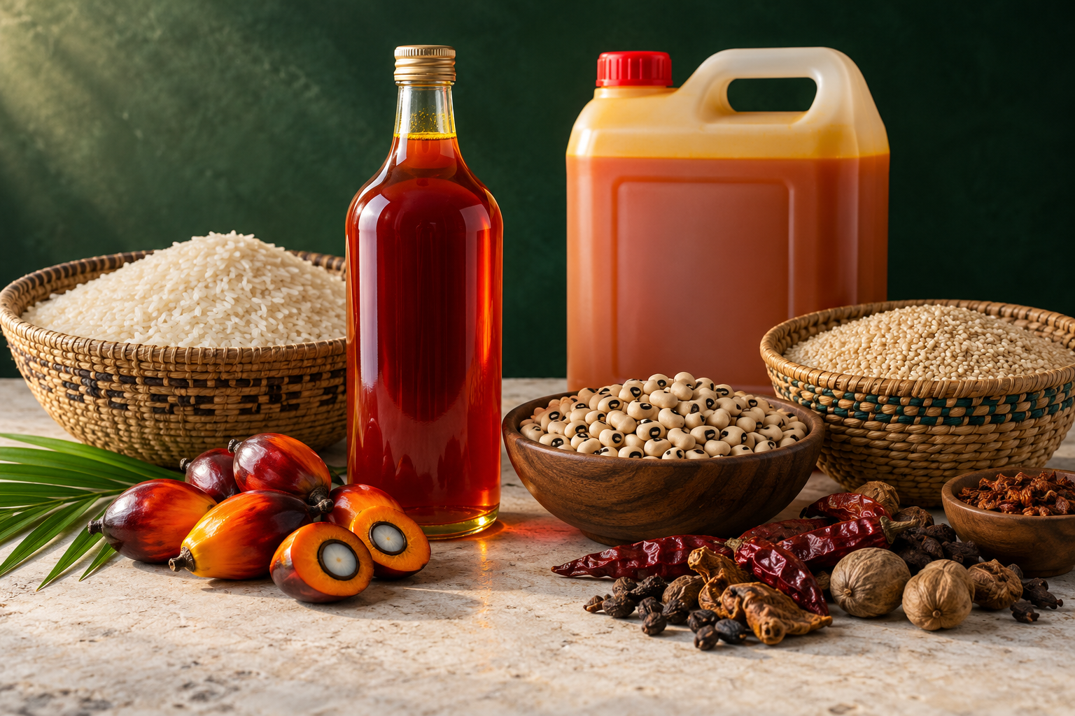 Illustrative still life of palm oil, grains and spices